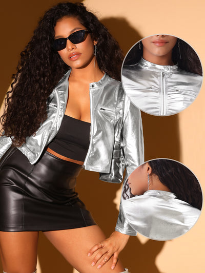 Stand Collar Metallic Zipper Party Long Sleeve Cropped Jacket