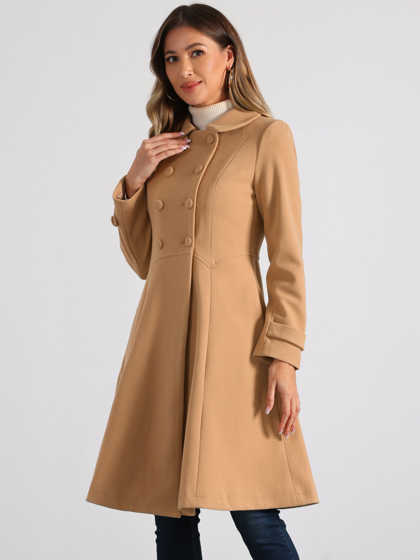 Allegra K Winter Overcoat Collared A Line Double Breasted Long Coat