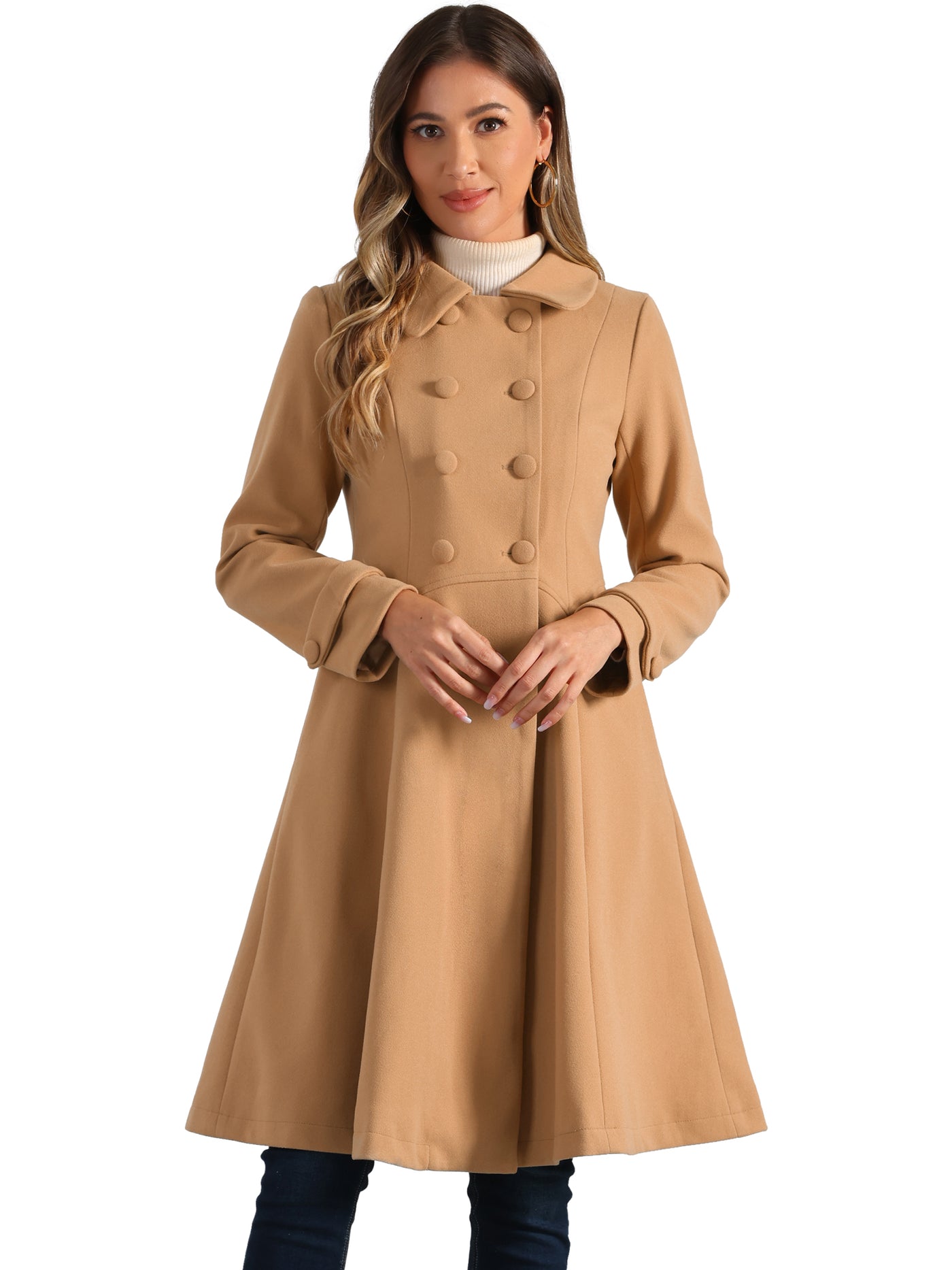 Allegra K Winter Overcoat Collared A Line Double Breasted Long Coat