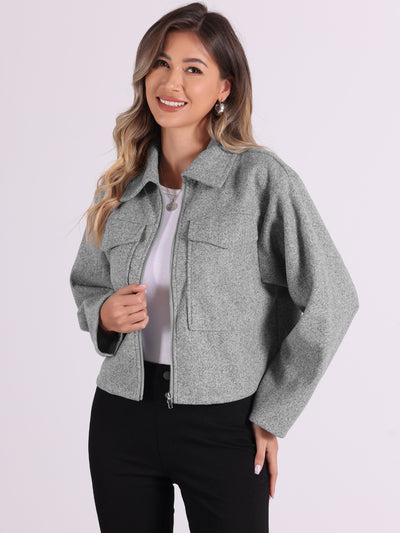 Lapel Collar Pockets Long Sleeve Casual Zipper Cropped Jacket