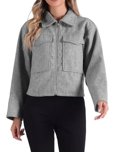 Lapel Collar Pockets Long Sleeve Casual Zipper Cropped Jacket