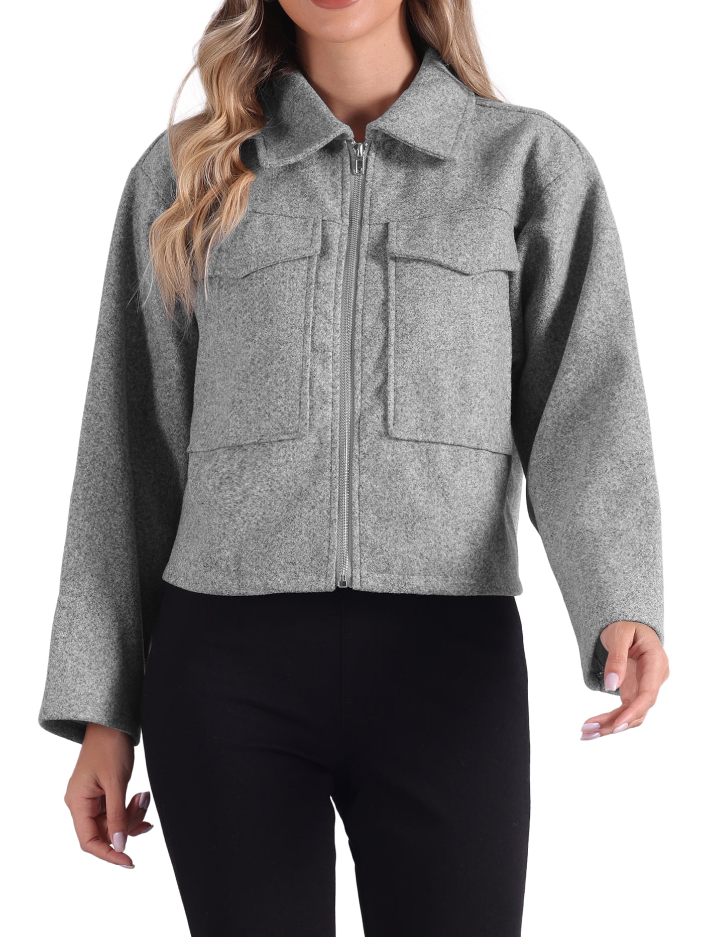 Allegra K Lapel Collar Pockets Long Sleeve Casual Zipper Cropped Jacket