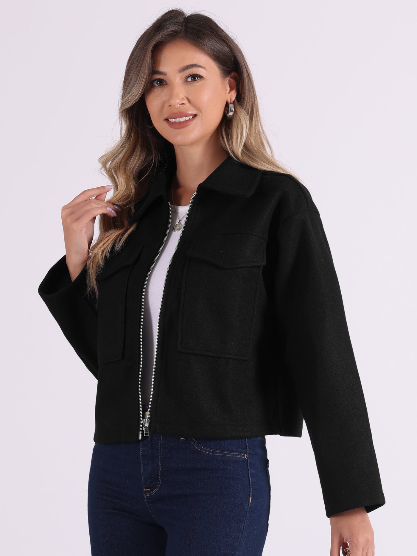 Allegra K Lapel Collar Pockets Long Sleeve Casual Zipper Cropped Jacket