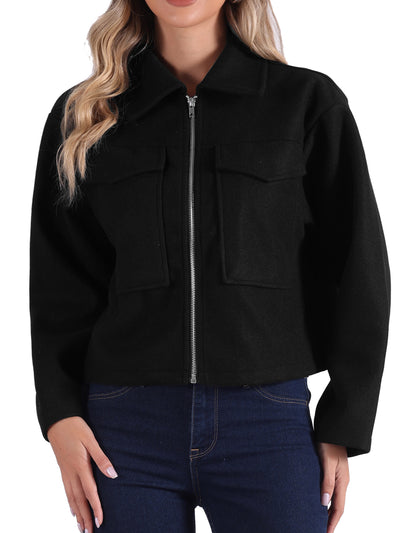 Lapel Collar Pockets Long Sleeve Casual Zipper Cropped Jacket