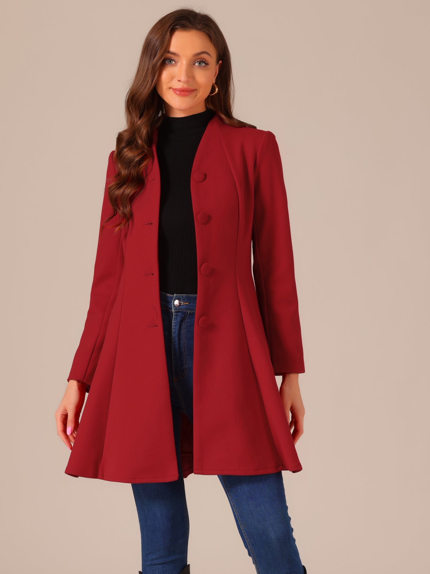 Allegra K Single Breasted Long Sleeve Mid-Long Winter A Line Pea Coat