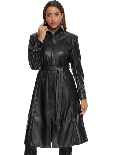 Faux Leather Long Sleeve Zipper Belted Casual Long Jacket