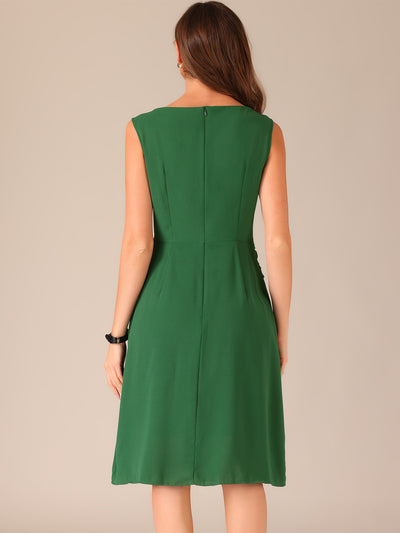 Boat Neck Sleeveless Solid Color A-Line Midi Dress