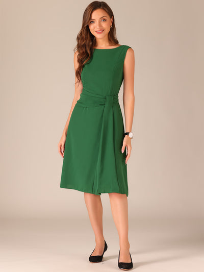 Boat Neck Sleeveless Solid Color A-Line Midi Dress