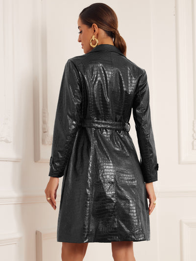 Faux Crocodile Leather Button Down Belted Winter Long Coat