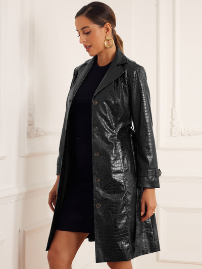 Faux Crocodile Leather Button Down Belted Winter Long Coat