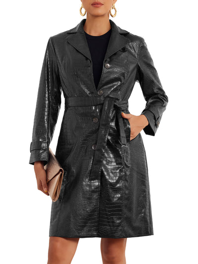 Faux Crocodile Leather Button Down Belted Winter Long Coat