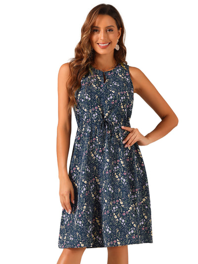 Floral Drawstring Waist Sleeveless A-Line Midi Dress Sundress