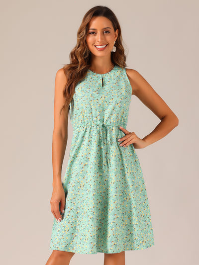 Floral Drawstring Waist Sleeveless A-Line Midi Dress Sundress