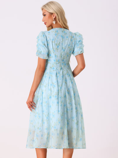 Floral Print Short Sleeve Cinched Waist Long Midi Dress