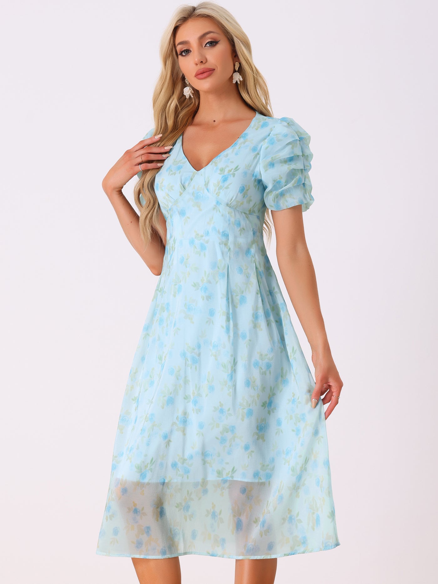 Allegra K Floral Print Short Sleeve Cinched Waist Long Midi Dress