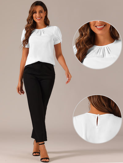 Ruched Sleeve Pleated Front Round Neck Blouse