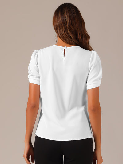 Ruched Sleeve Pleated Front Round Neck Blouse