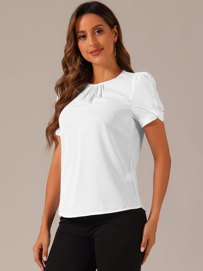 Ruched Sleeve Pleated Front Round Neck Blouse