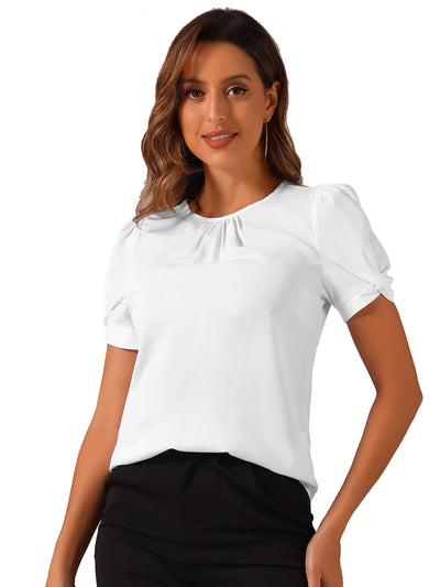 Ruched Sleeve Pleated Front Round Neck Blouse