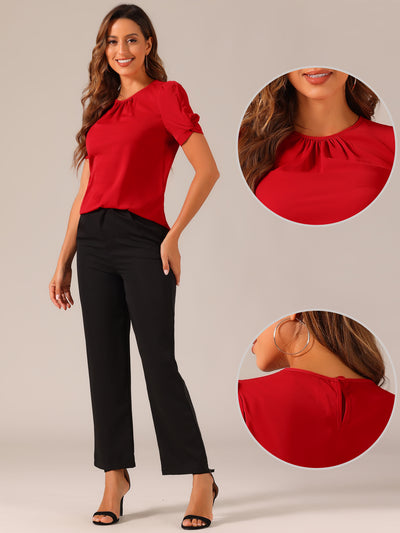 Ruched Sleeve Pleated Front Round Neck Blouse