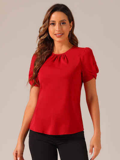 Ruched Sleeve Pleated Front Round Neck Blouse