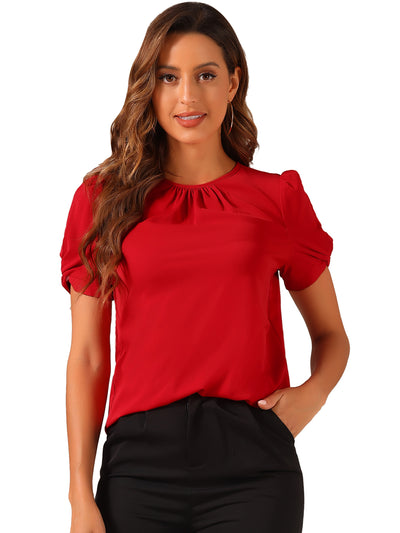 Ruched Sleeve Pleated Front Round Neck Blouse