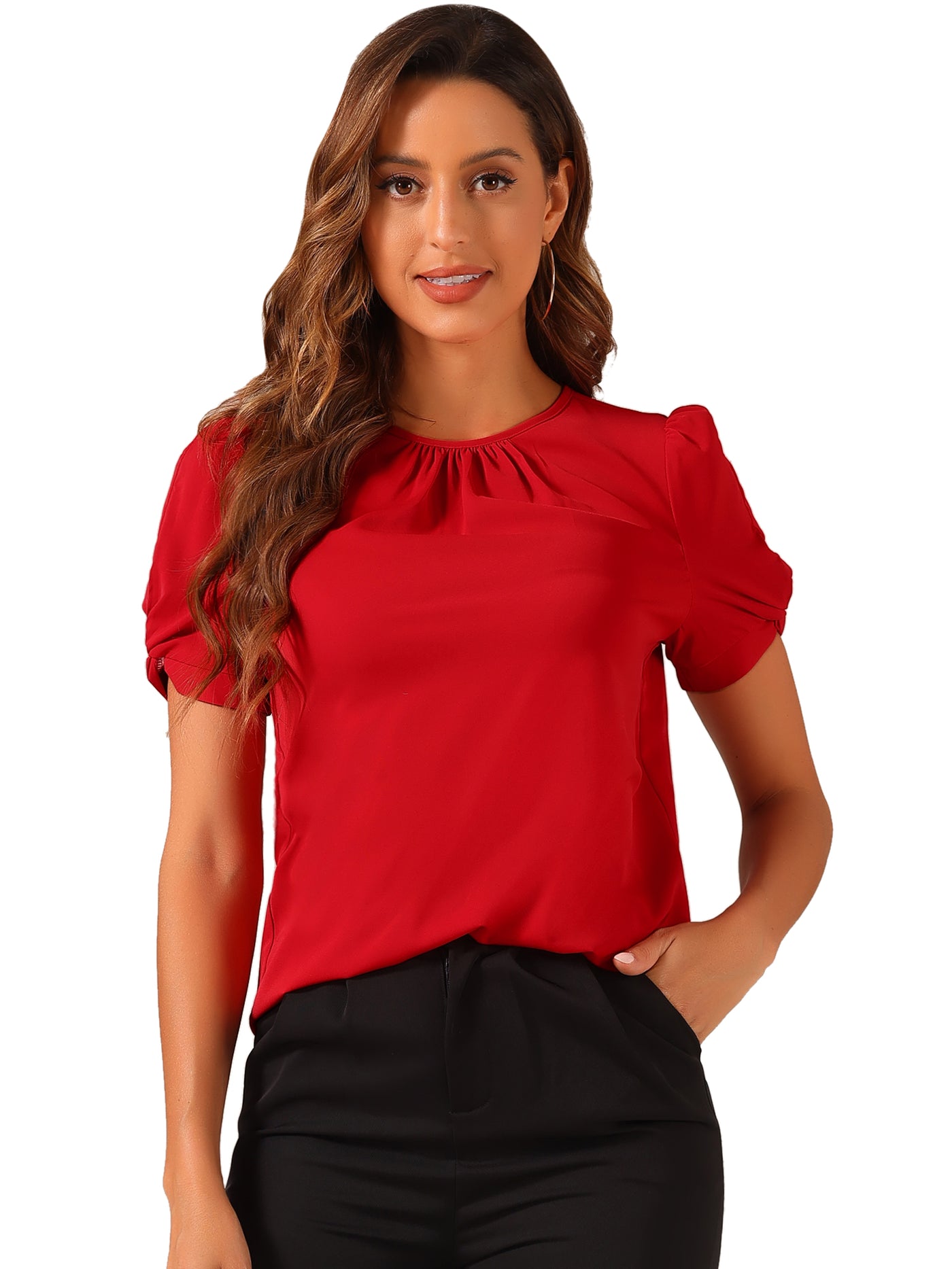 Allegra K Ruched Sleeve Pleated Front Round Neck Blouse