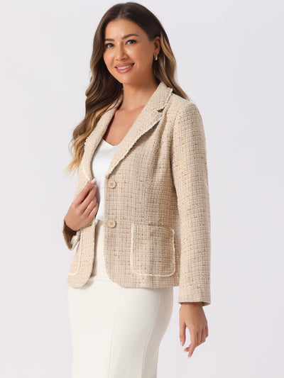 Allegra K Plaid Tweed Notched Lapel Button Long Sleeve Blazer Jackets