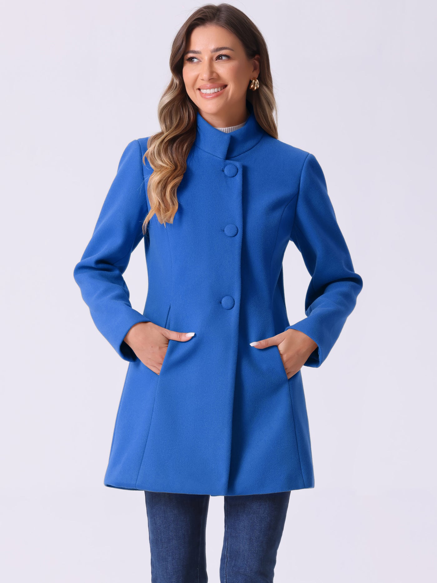 Allegra K Mid-thigh Stand Collar Single Breasted Long Coat