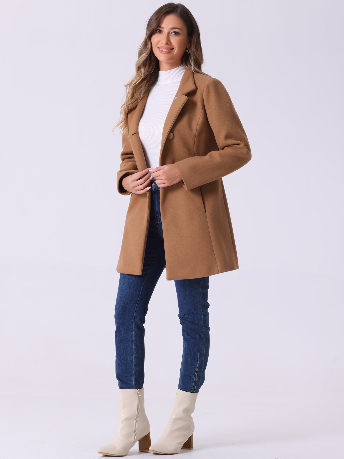 Allegra K Mid-thigh Stand Collar Single Breasted Long Coat