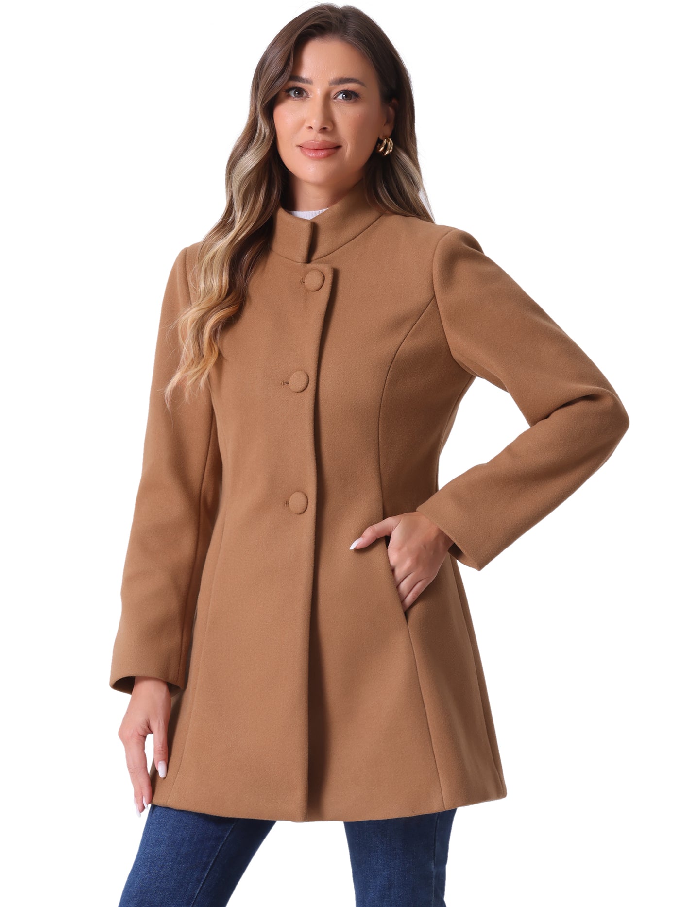 Allegra K Mid-thigh Stand Collar Single Breasted Long Coat