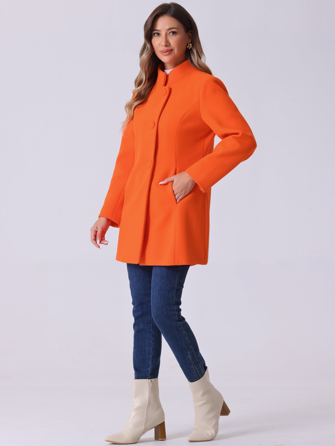 Allegra K Mid-thigh Stand Collar Single Breasted Long Coat