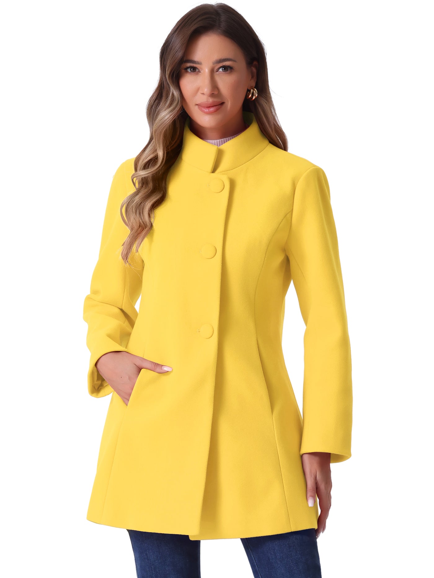 Allegra K Mid-thigh Stand Collar Single Breasted Long Coat