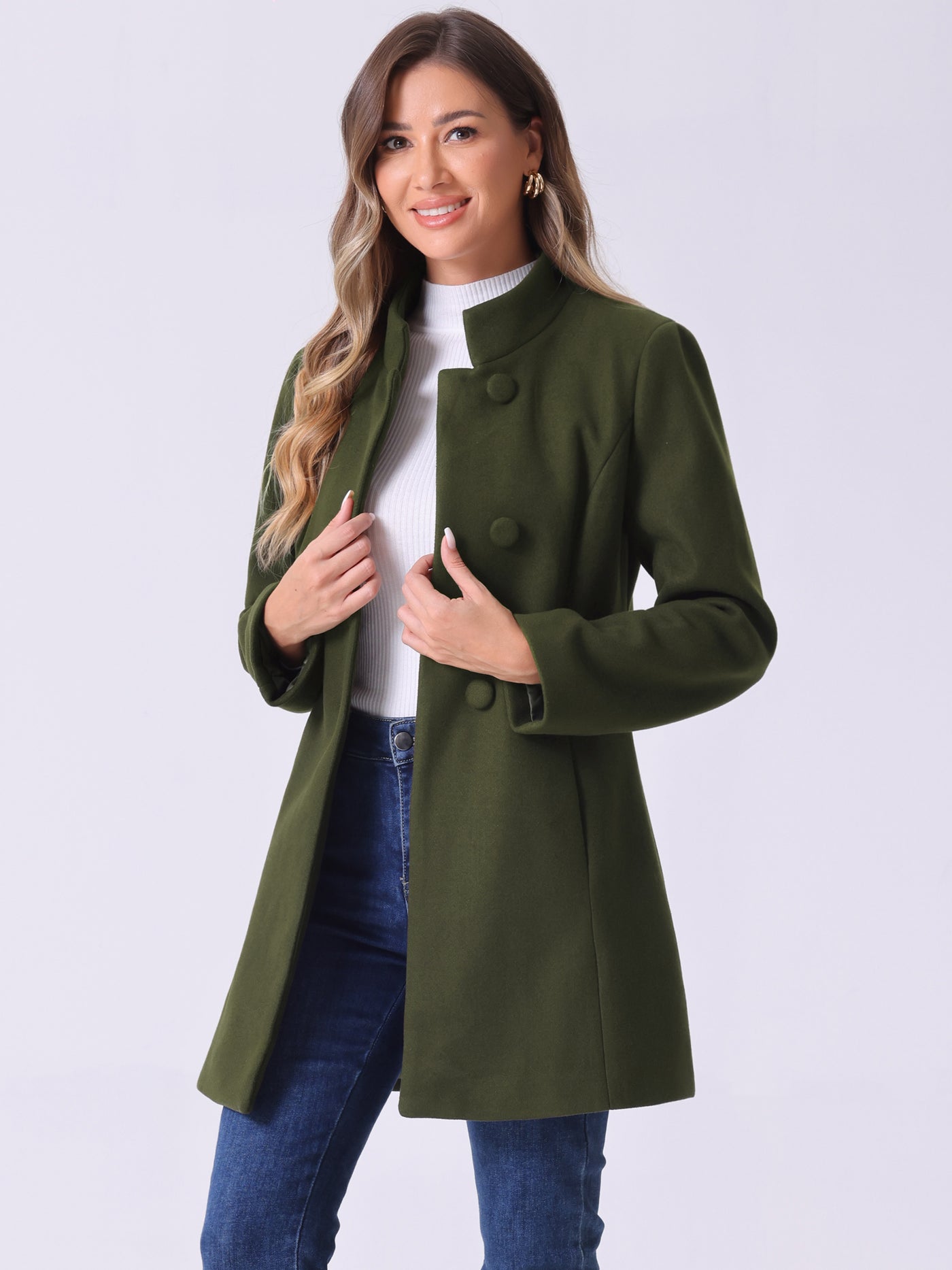 Allegra K Mid-thigh Stand Collar Single Breasted Long Coat