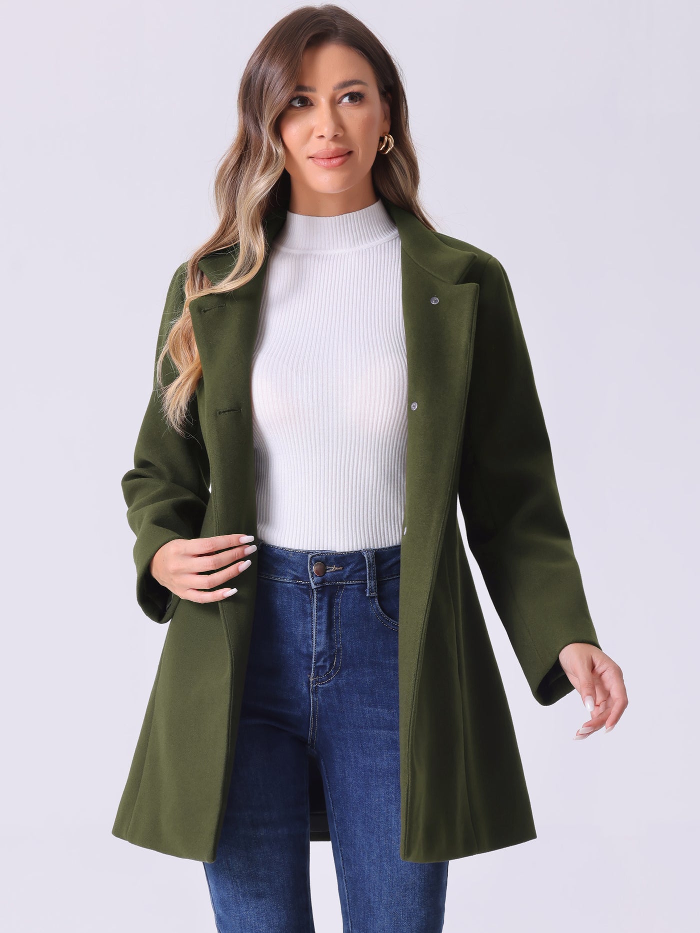 Allegra K Mid-thigh Stand Collar Single Breasted Long Coat