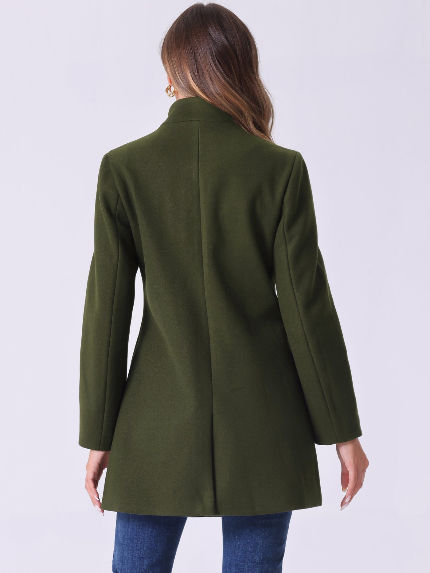 Allegra K Mid-thigh Stand Collar Single Breasted Long Coat