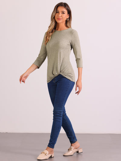 Round Neck Twist Knot 3/4 Sleeve Loose Tunic Blouse