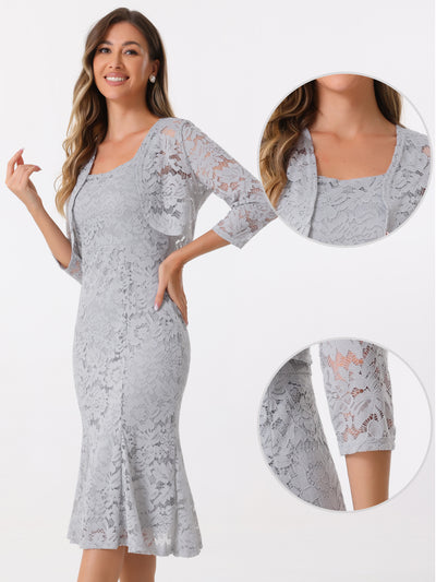 2pc Lace Sleeveless Fishtail Sheath Dress and Open Front Shrugs Set