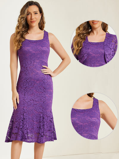 2pc Lace Sleeveless Fishtail Sheath Dress and Open Front Shrugs Set