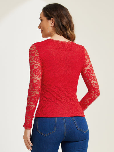 Crew Neck Sheer Long Sleeve Flower Embroidery Lace Blouse