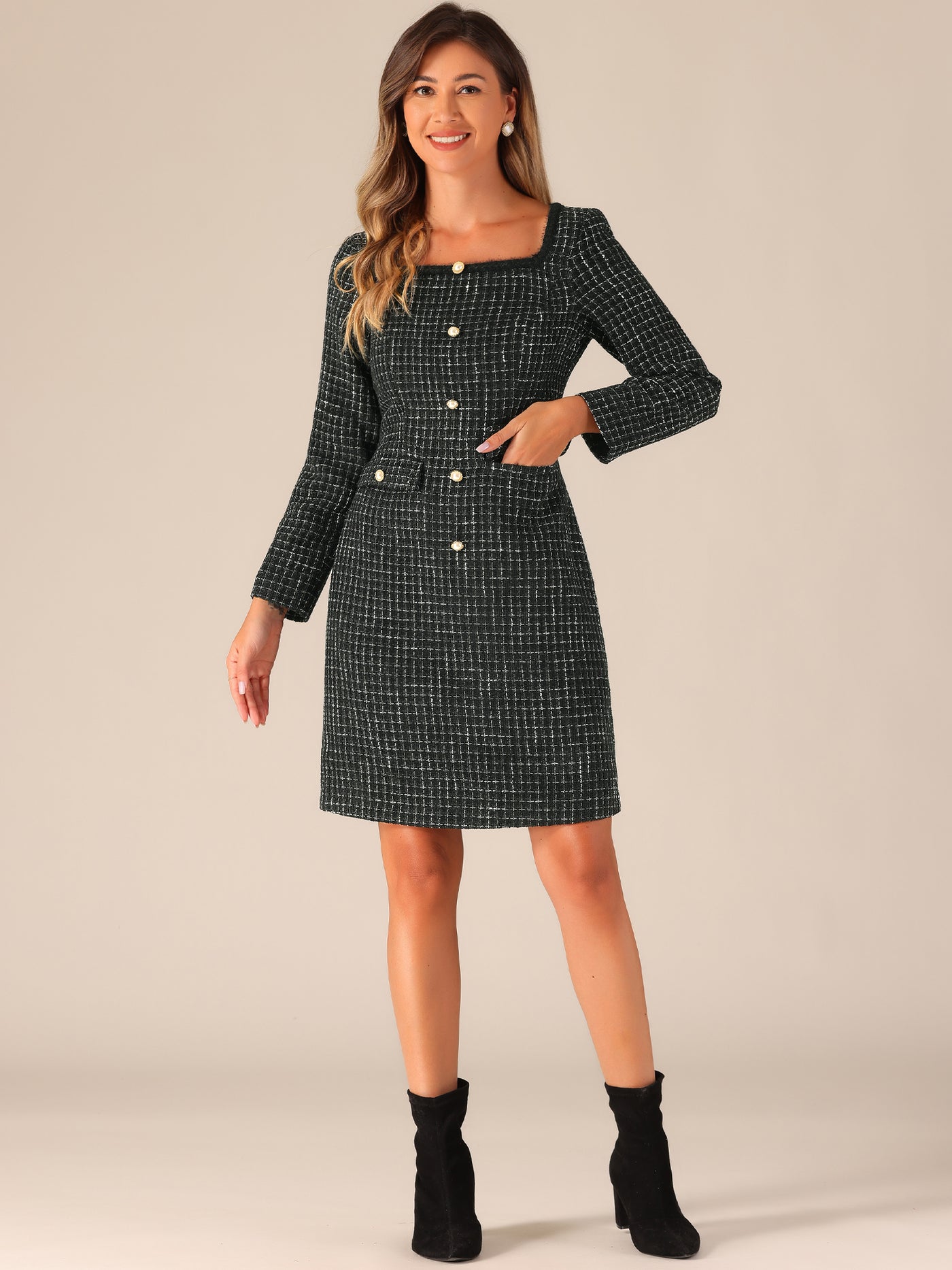 Allegra K Tweed Square Neck Long Sleeve Pockets Plaid Mini Dress