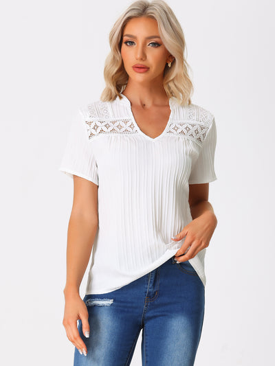 Summer V Neck Short Sleeve Crochet Trim Textured Blouse