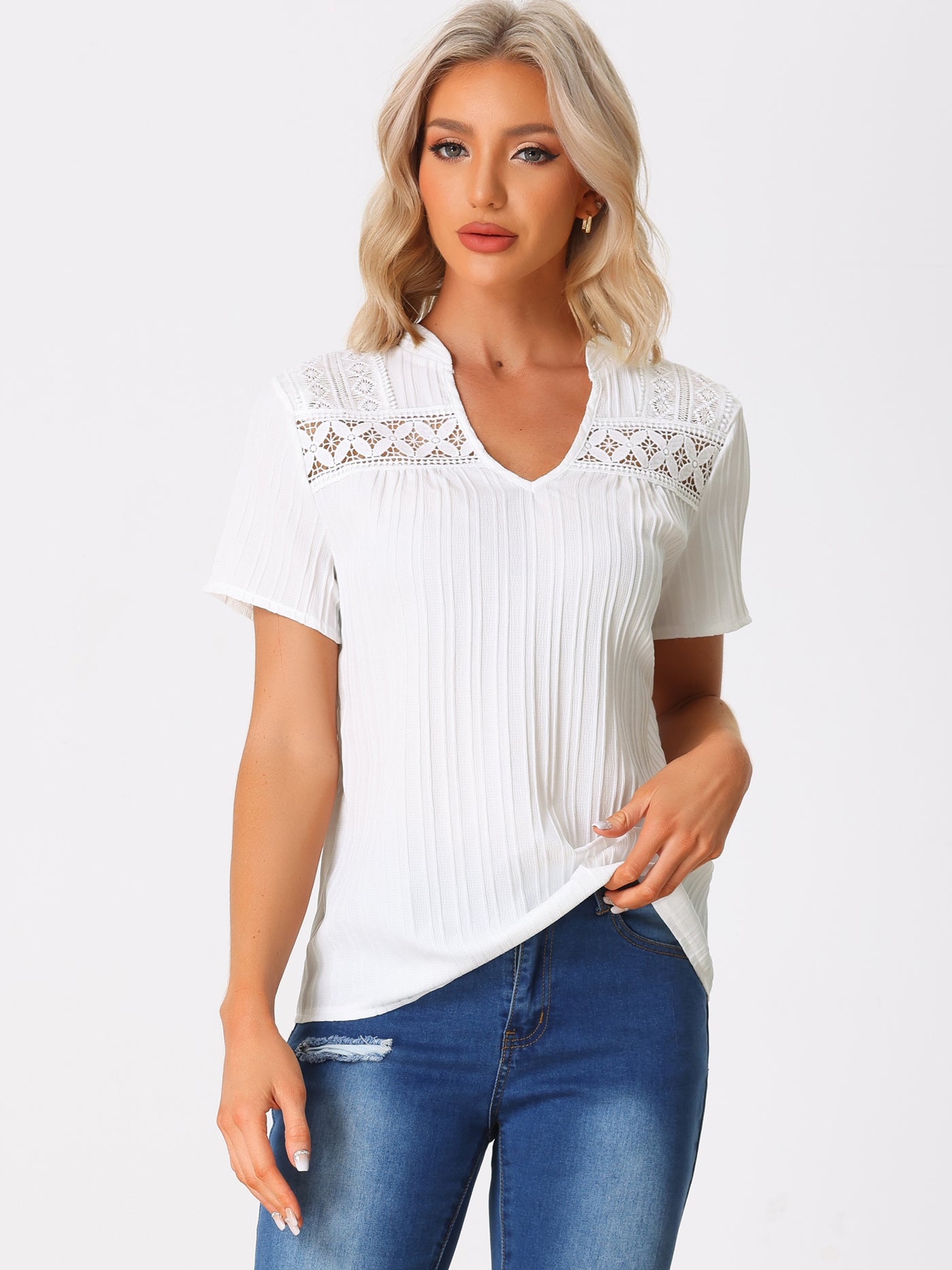 Allegra K Summer V Neck Short Sleeve Crochet Trim Textured Blouse