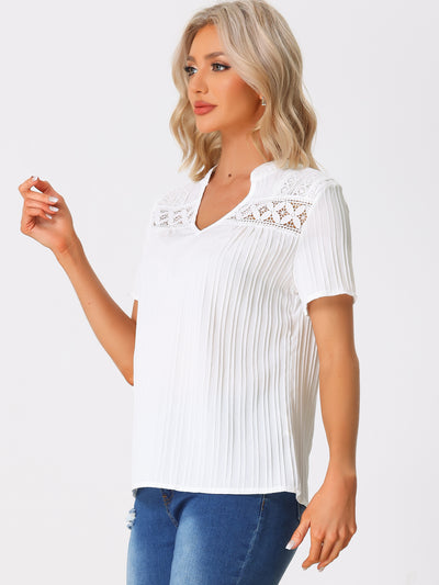 Summer V Neck Short Sleeve Crochet Trim Textured Blouse