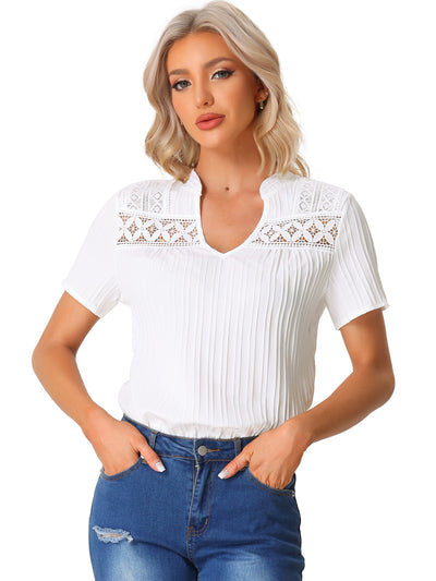 Summer V Neck Short Sleeve Crochet Trim Textured Blouse