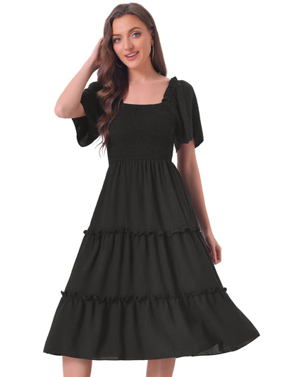 Boho Flutter Short Sleeve Tiered Flowy Midi Smocked Dress