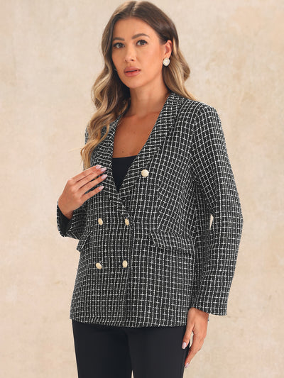 Allegra K Tweed Shawl Lapel Button Front Plaid Jacket Blazer