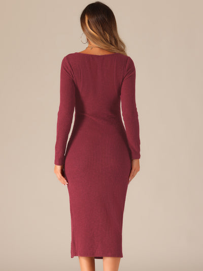 Casual Long Sleeve Crew Neck Ruched Slit Knitted Midi Sweater Dress