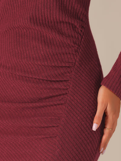 Casual Long Sleeve Crew Neck Ruched Slit Knitted Midi Sweater Dress