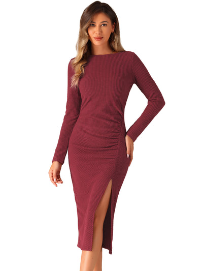 Casual Long Sleeve Crew Neck Ruched Slit Knitted Midi Sweater Dress